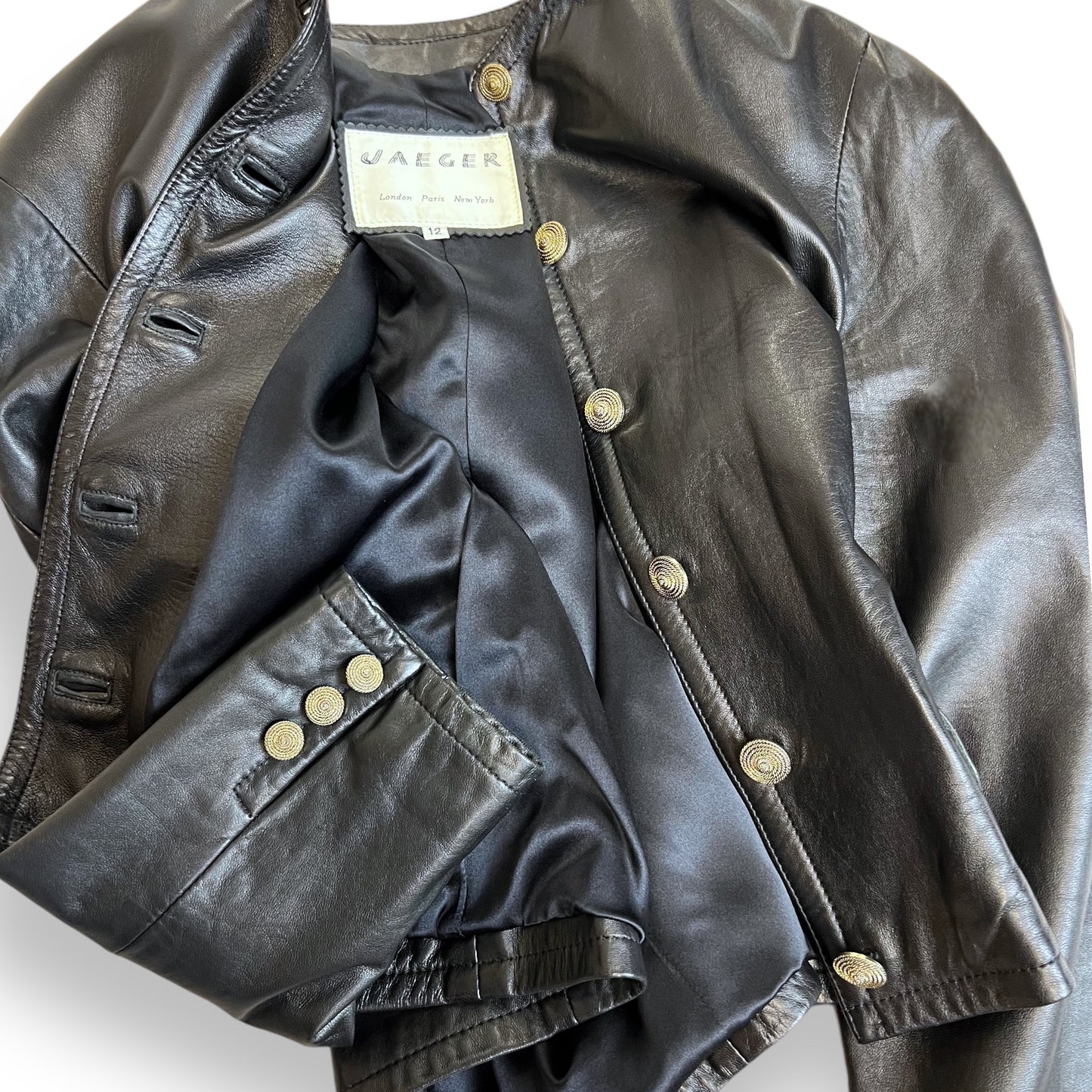 Jaeger Black Leather Collarless Jacket 80s