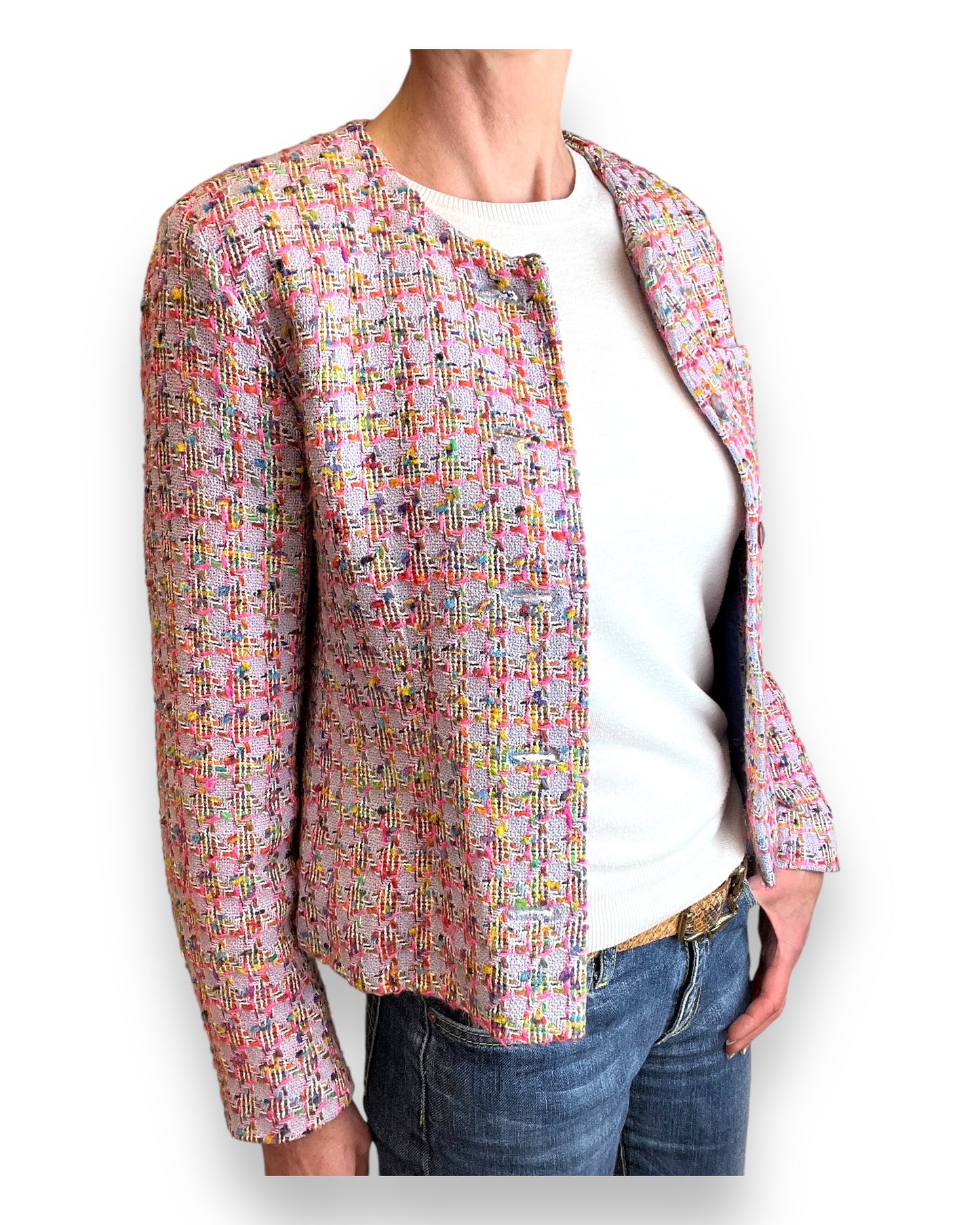 Jaeger Pink Boucle Jacket 1980s three quarter view