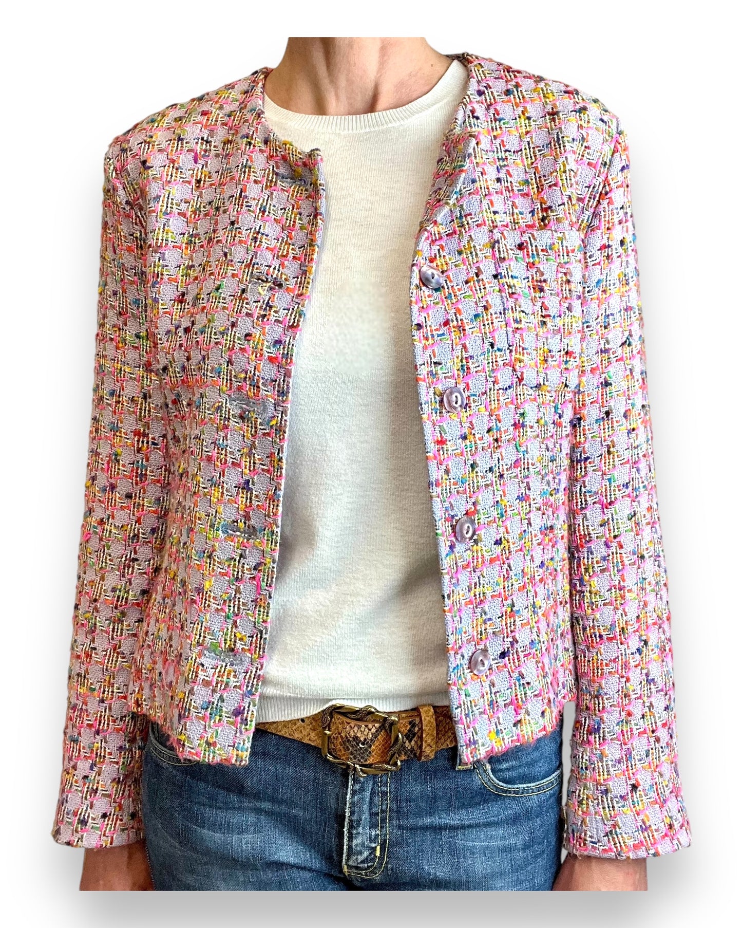 Jaeger Pink Boucle Jacket 1980s front view