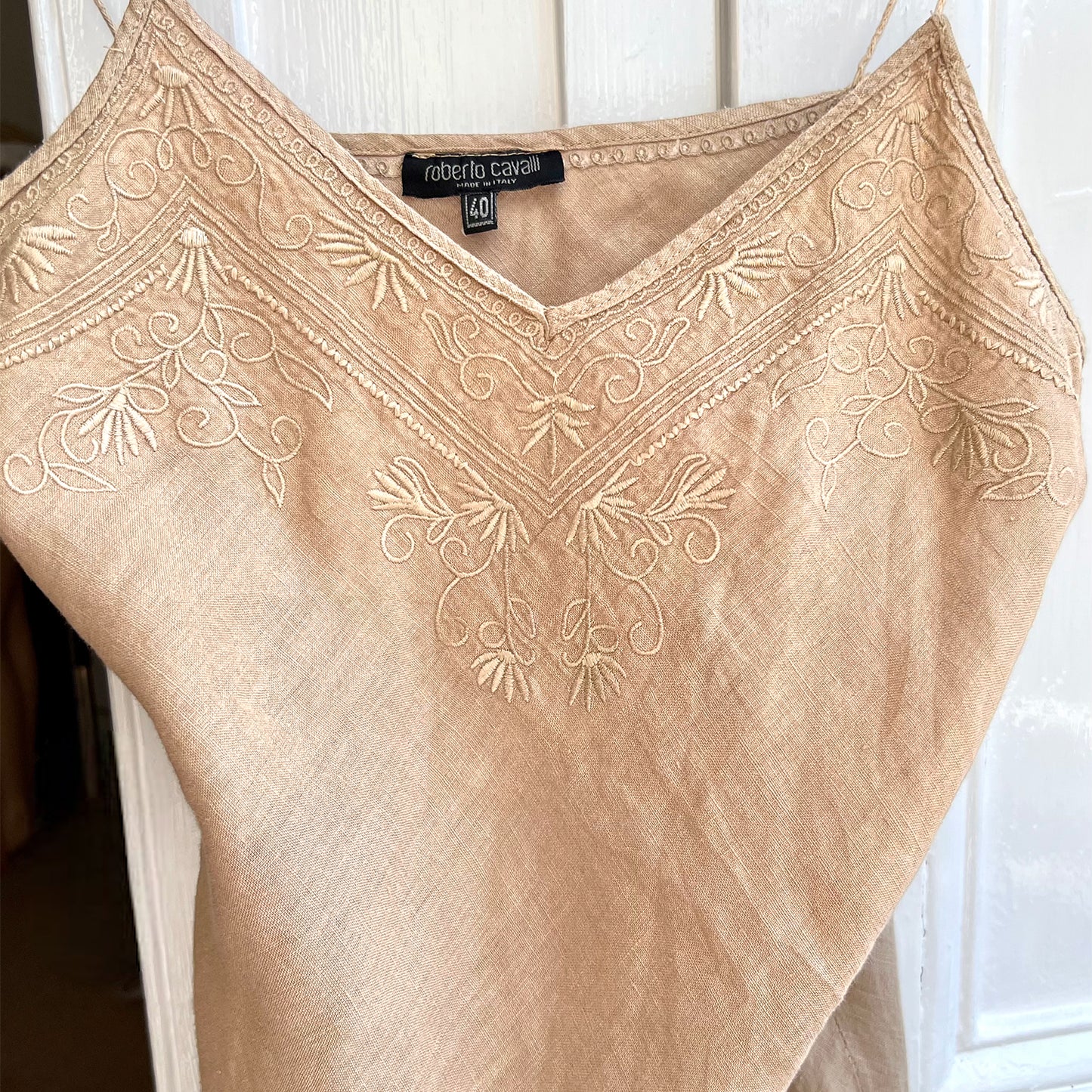 Roberto Cavalli embroidered linen slip dress brand detail