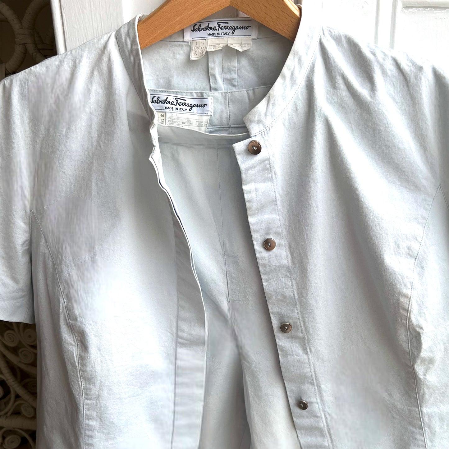 Salvatore Ferragamo 80's ice blue trouser suit brand detail