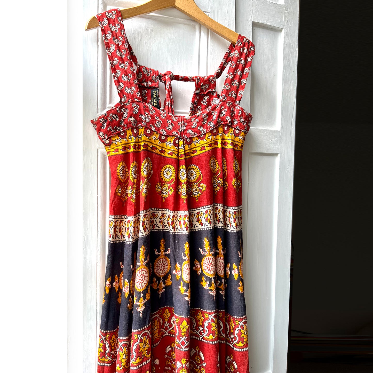 Tallula 70's Indian block-print dress brand detail