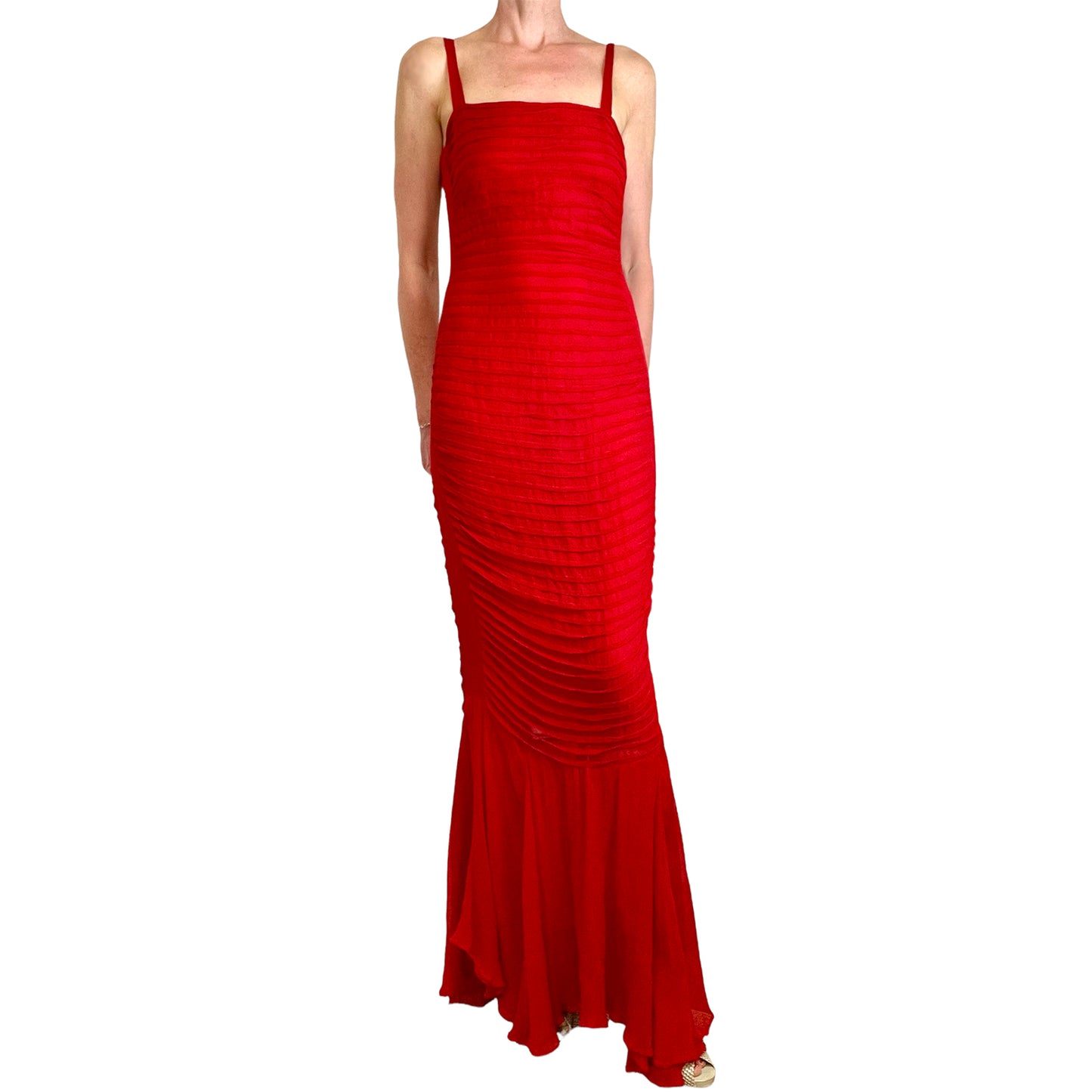Mondi red silk fishtail dress front