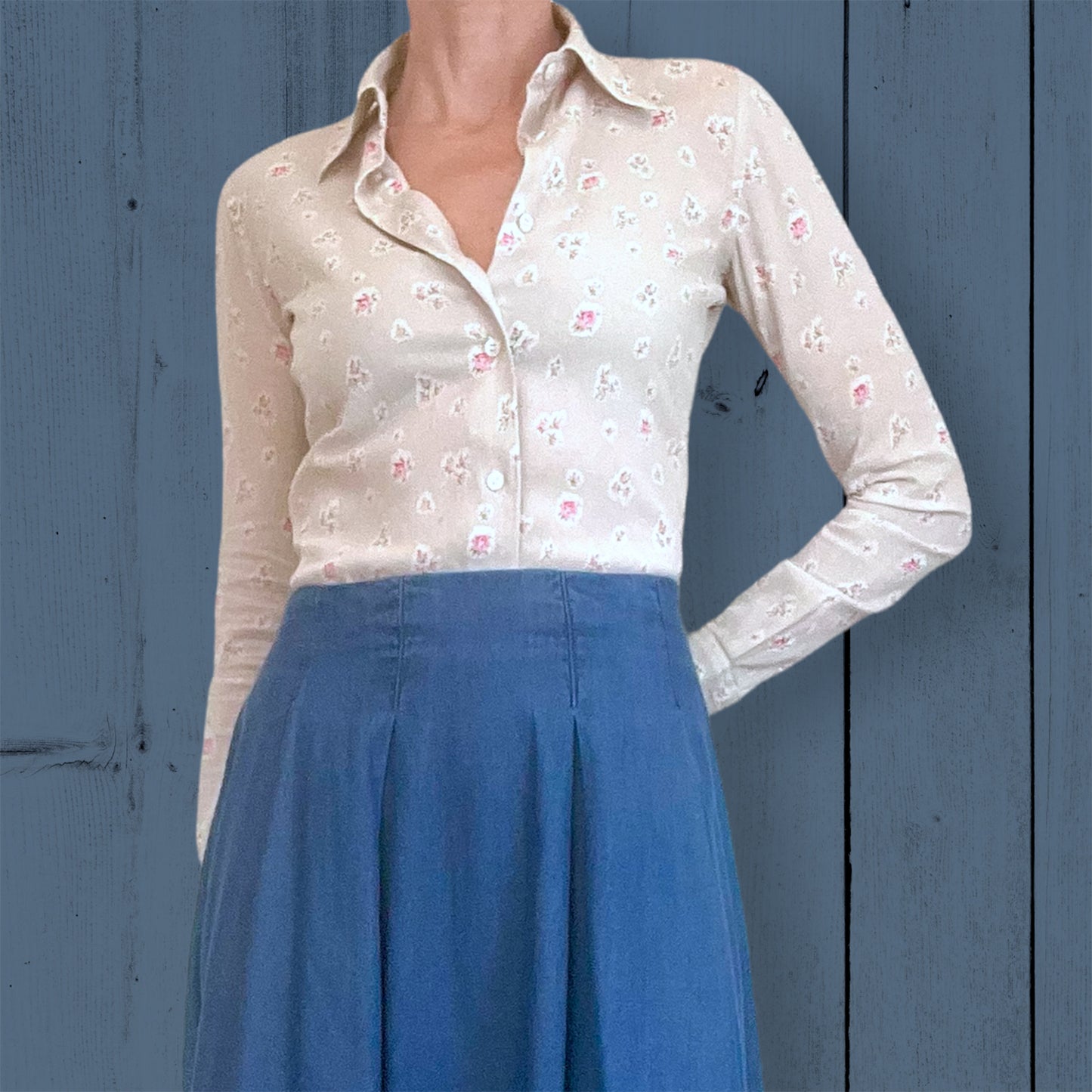 Agnes B fitted cheesecloth shirt with denim skirt