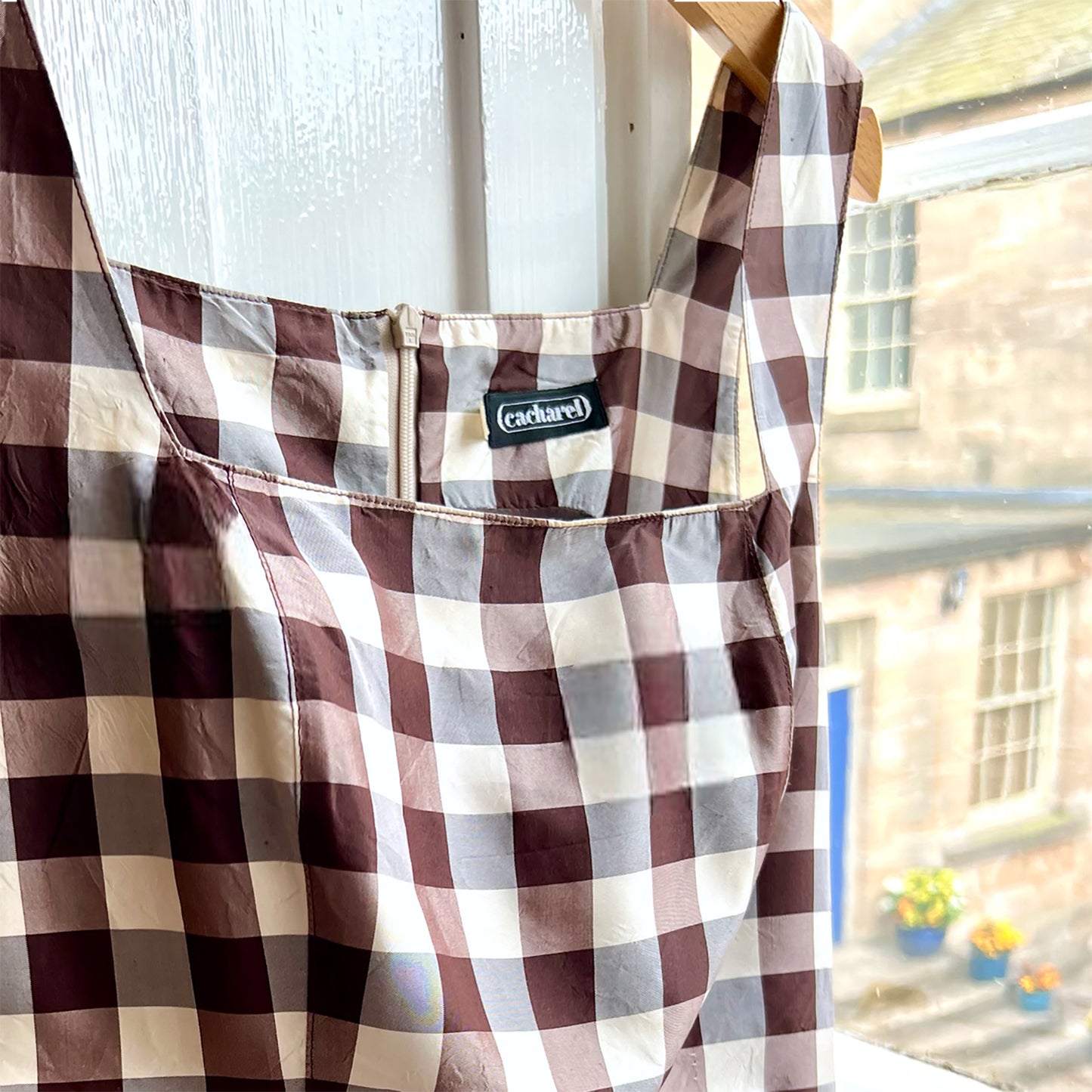 Cacharel silk check skater dress brand detail