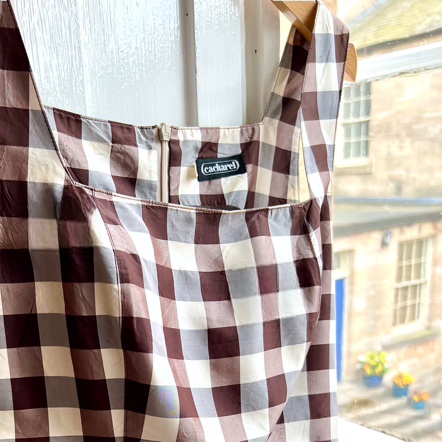 Cacharel silk check skater dress brand detail