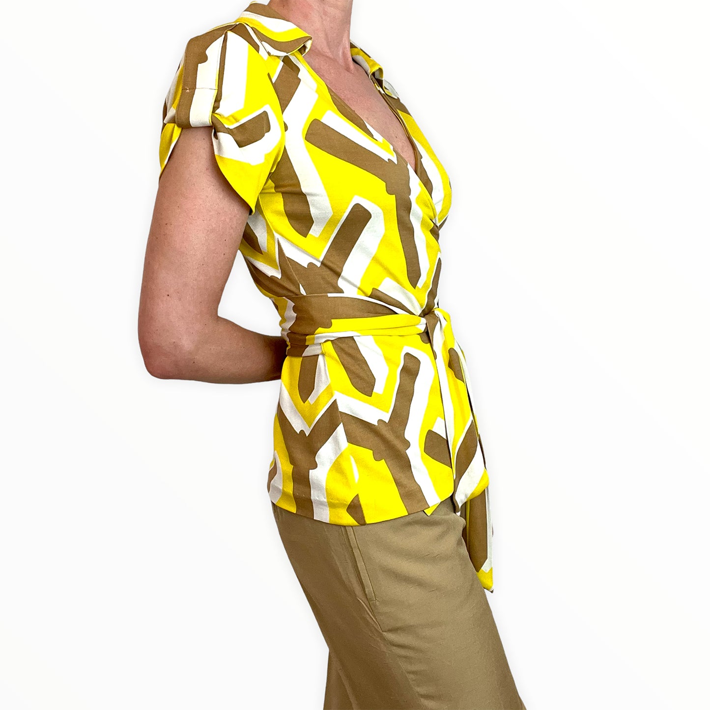 Diane Von Furstenberg yellow graphic silk wrap top side view