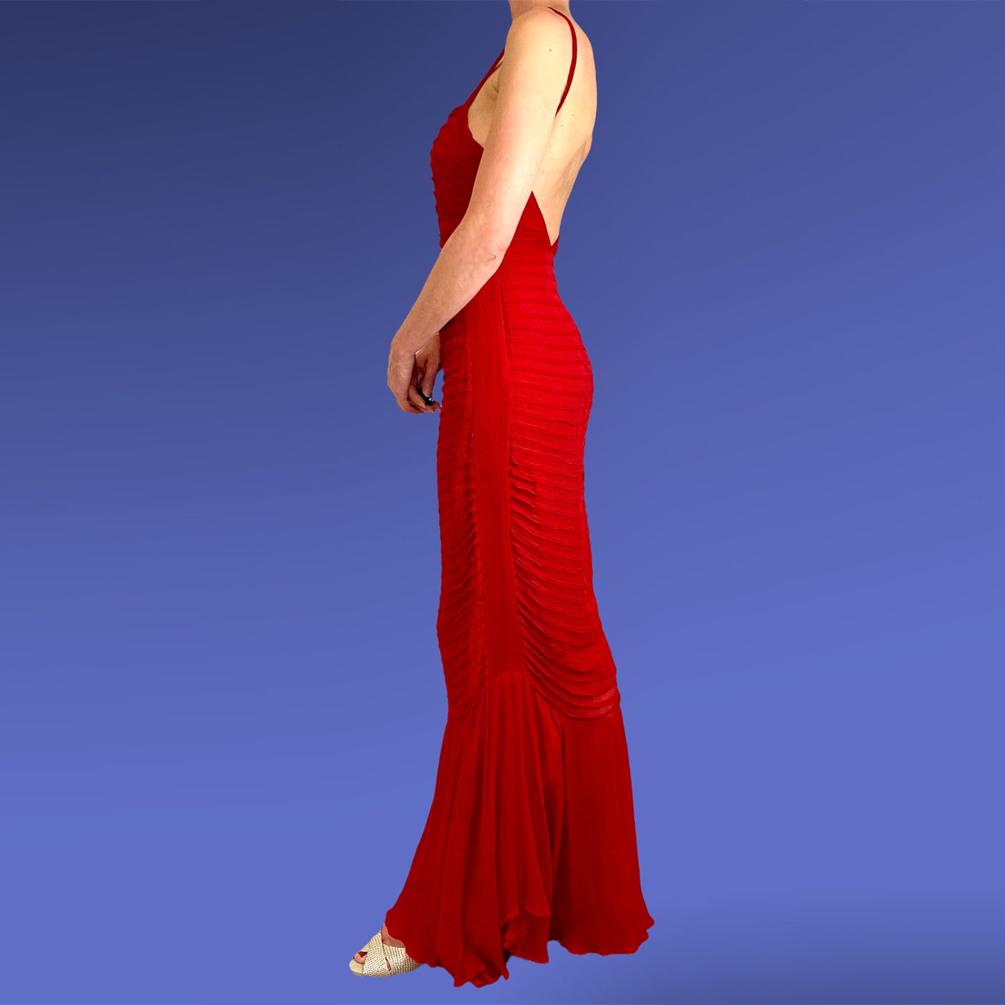Mondi red silk fishtail dress side