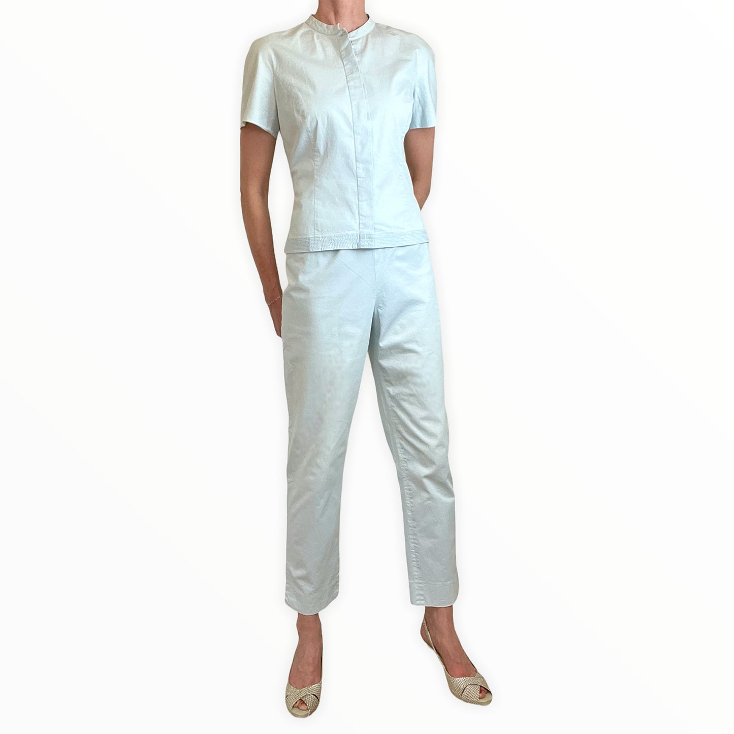 Salvatore Ferragamo 80's ice blue trouser suit