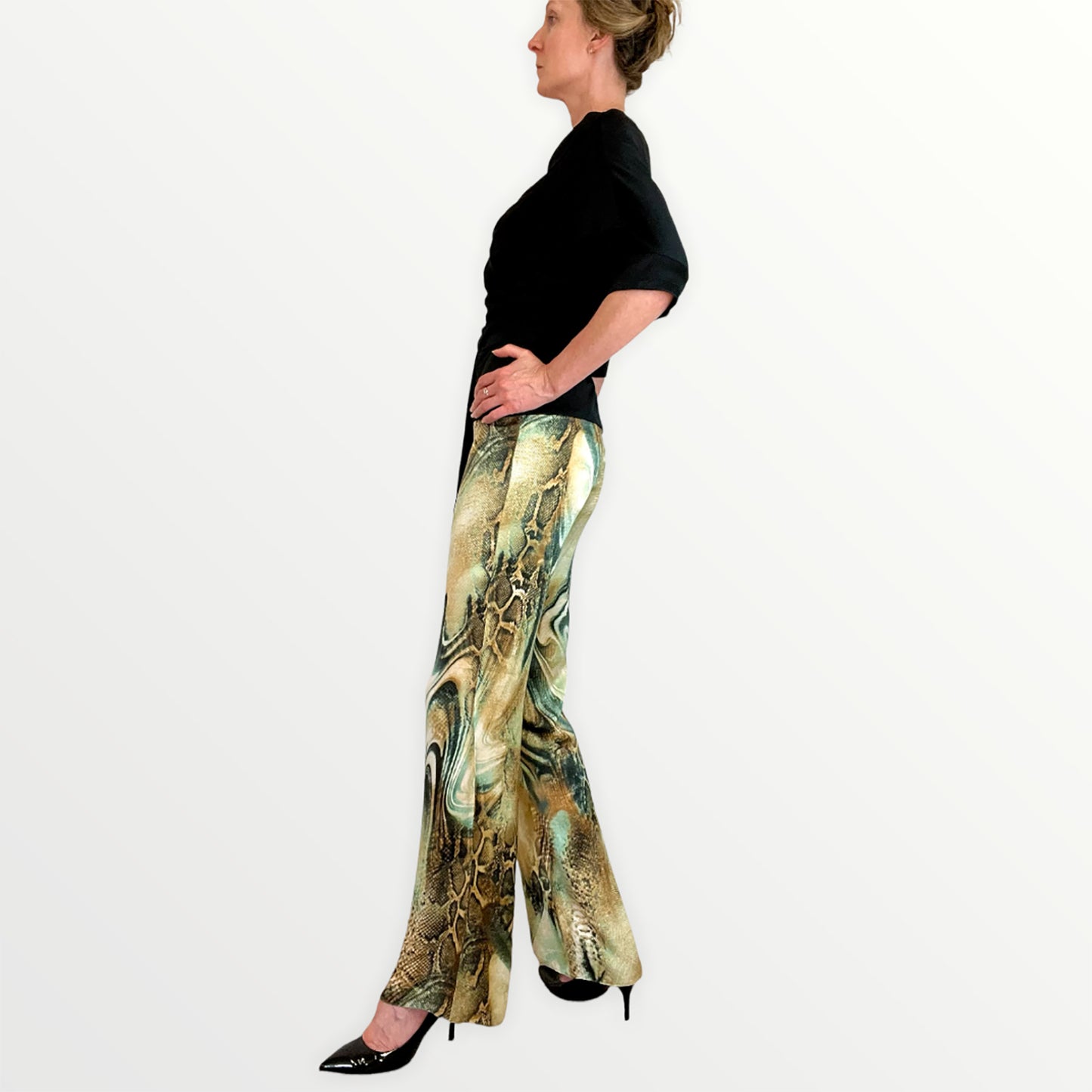 Orna Farho Paris silk snake print flares side
