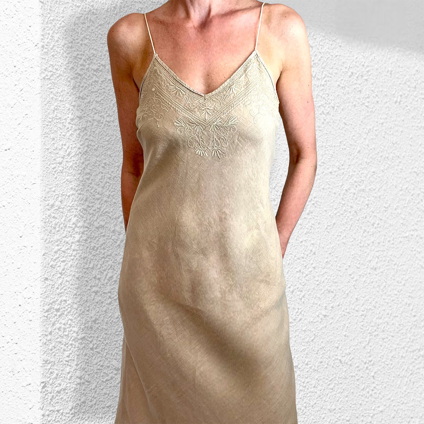 Roberto Cavalli embroidered linen slip dress close up