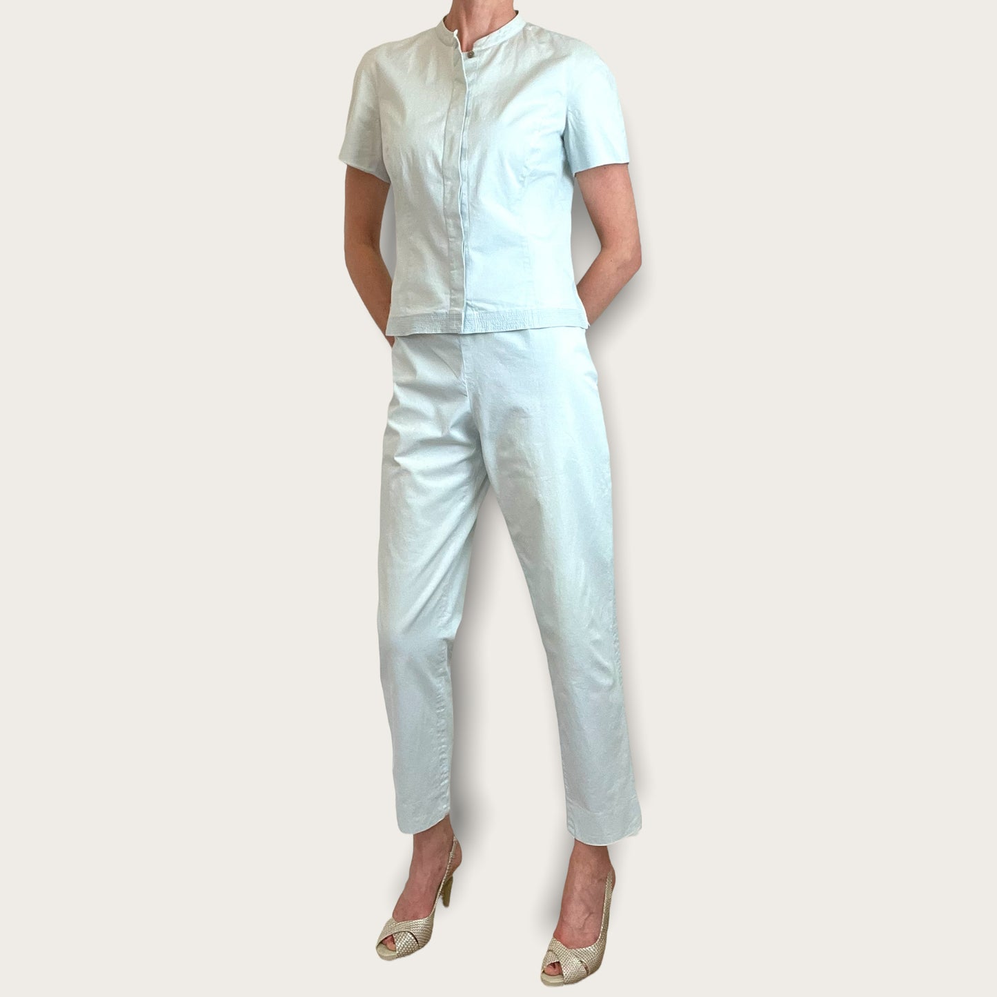 Salvatore Ferragamo 80's ice blue trouser suit