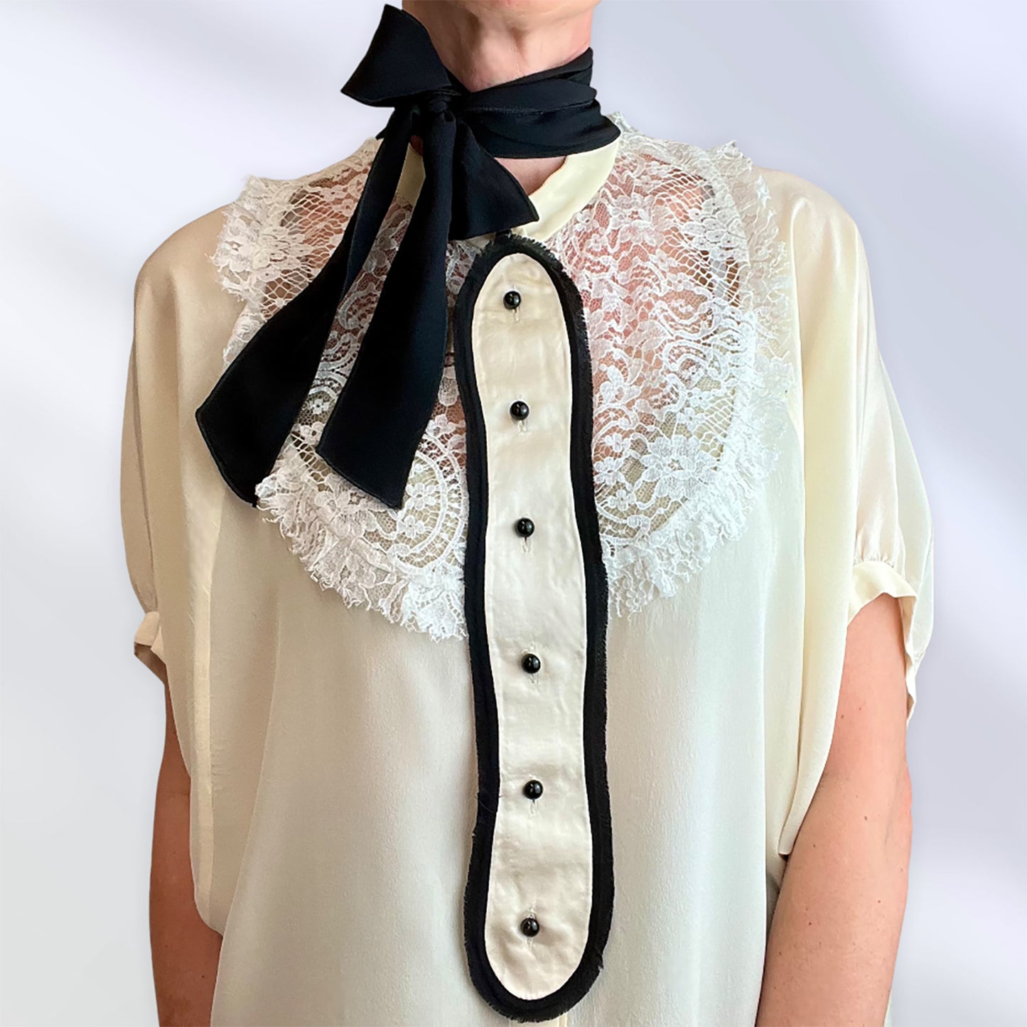 Dolce & Gabbana 90's lace-bib pussybow blouse close up