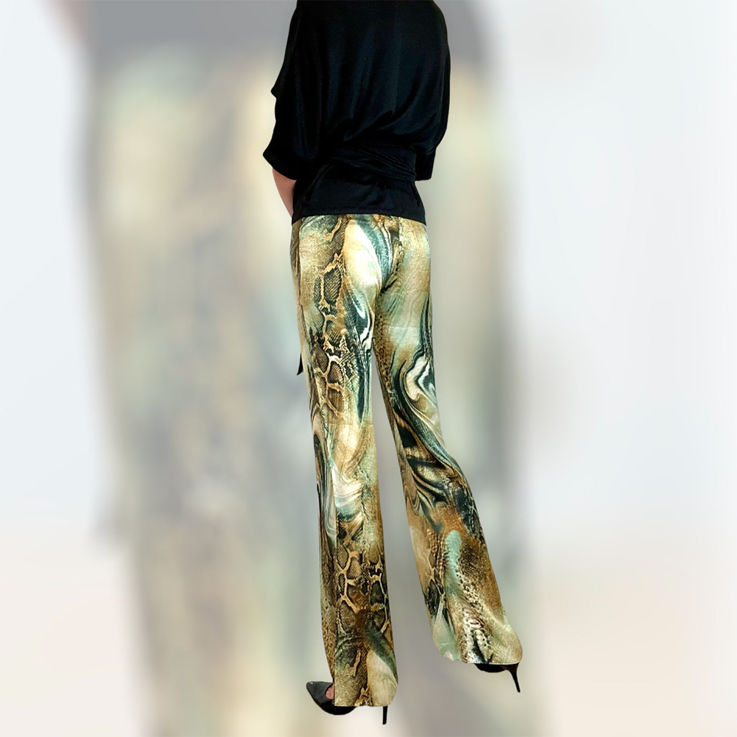 Orna Farho Paris silk snake print flares back