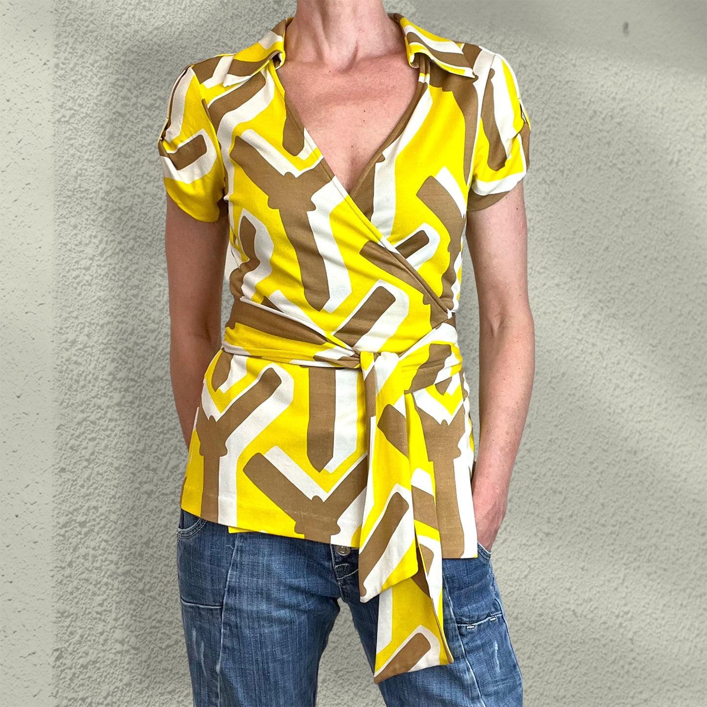 Diane Von Furstenberg yellow graphic silk wrap top front