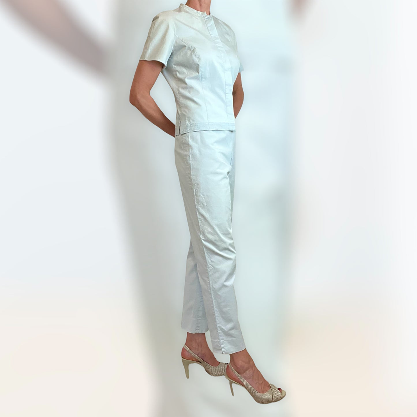 Salvatore Ferragamo 80's ice blue trouser suit side