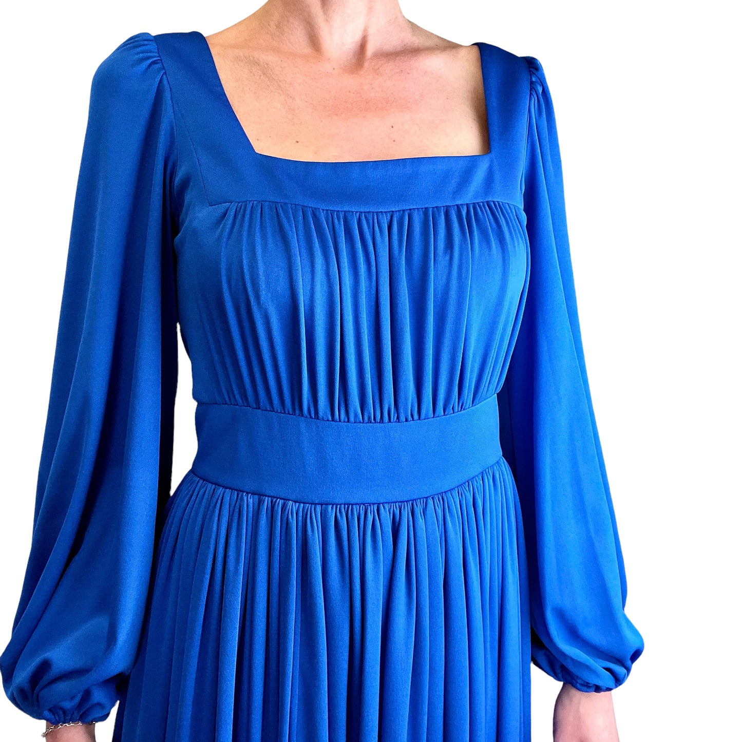 Jean Allen 70's bold blue maxi front close up