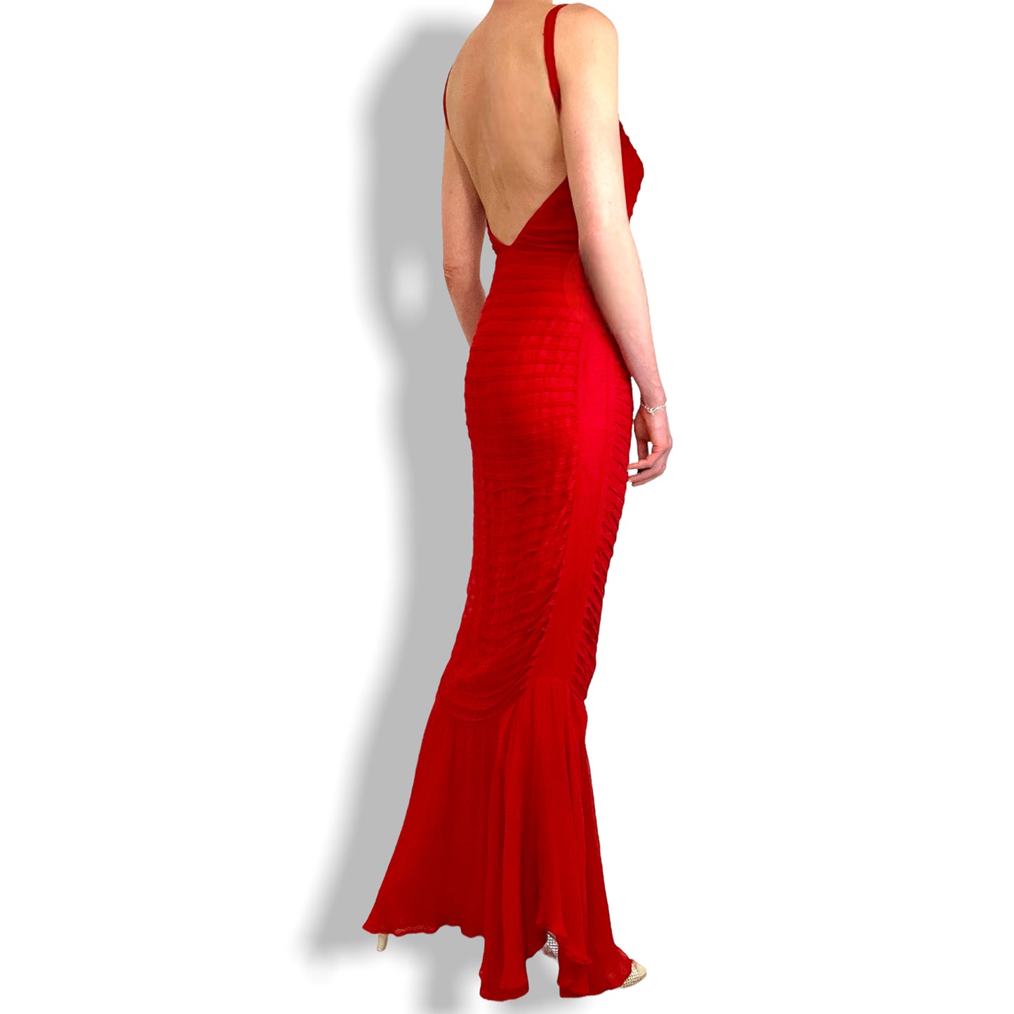 Mondi red silk fishtail dress side/back