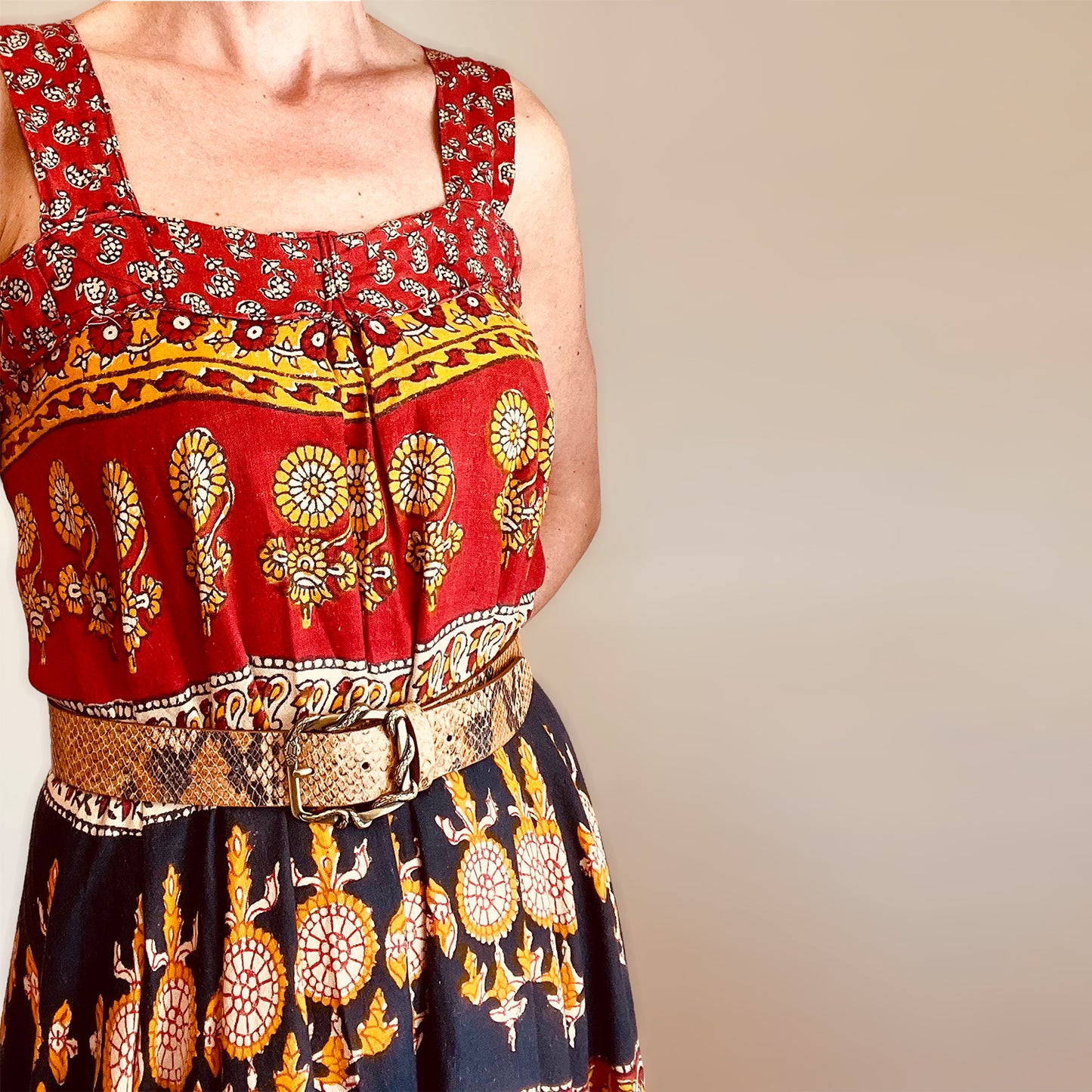 Tallula 70's Indian block-print dress close up