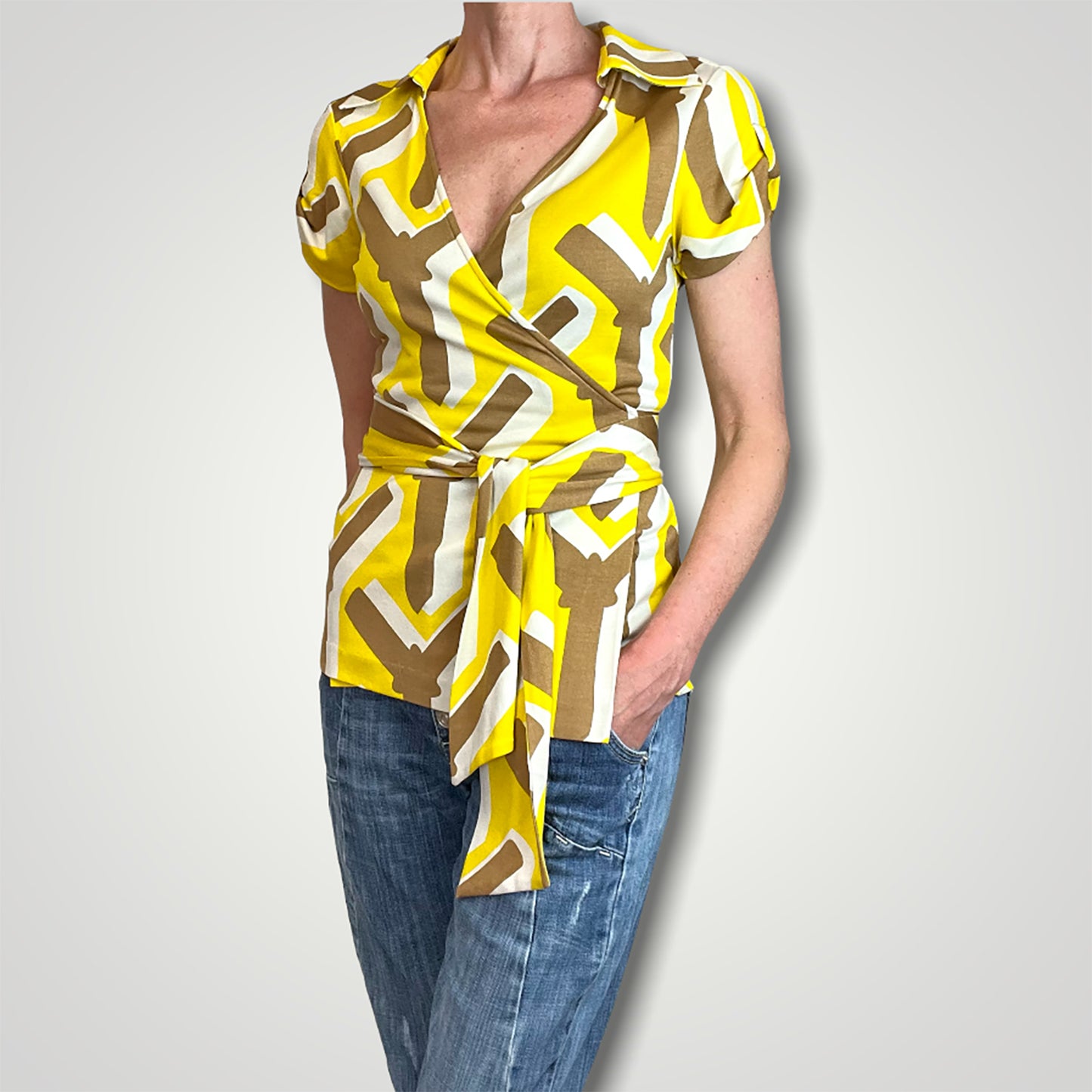 Diane Von Furstenberg yellow graphic silk wrap top