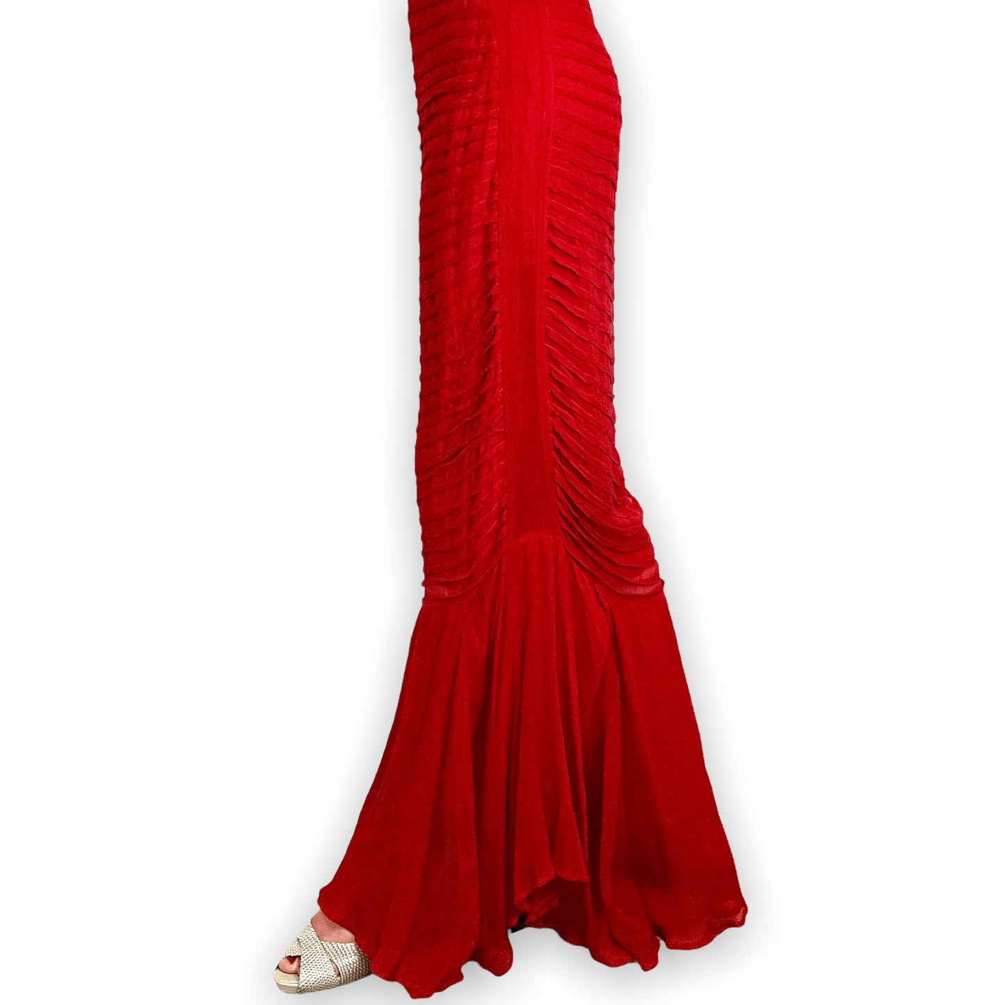 Mondi red silk fishtail dress bottom side