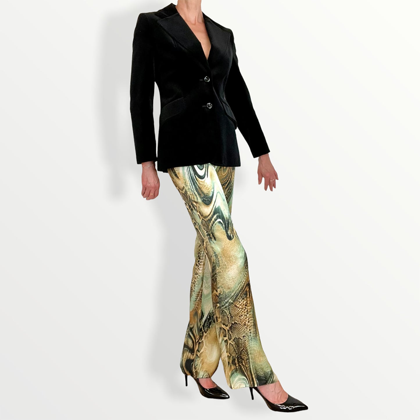 Orna Farho Paris silk snake print flares with jacket