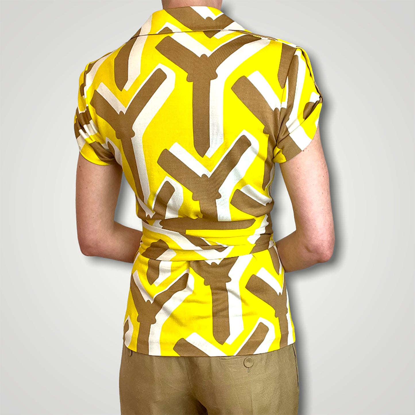 Diane Von Furstenberg yellow graphic silk wrap top back