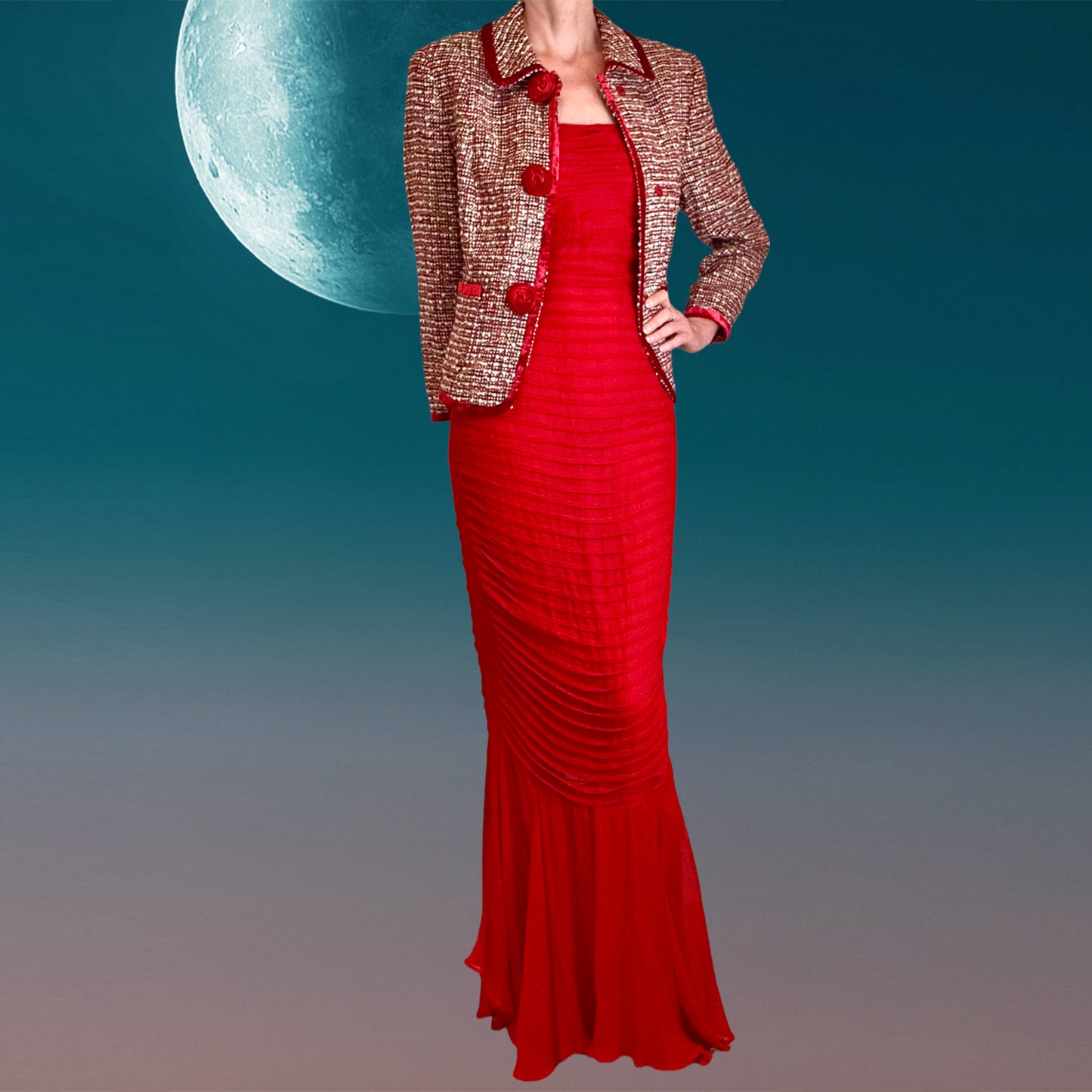 Mondi red silk fishtail dress with jacket