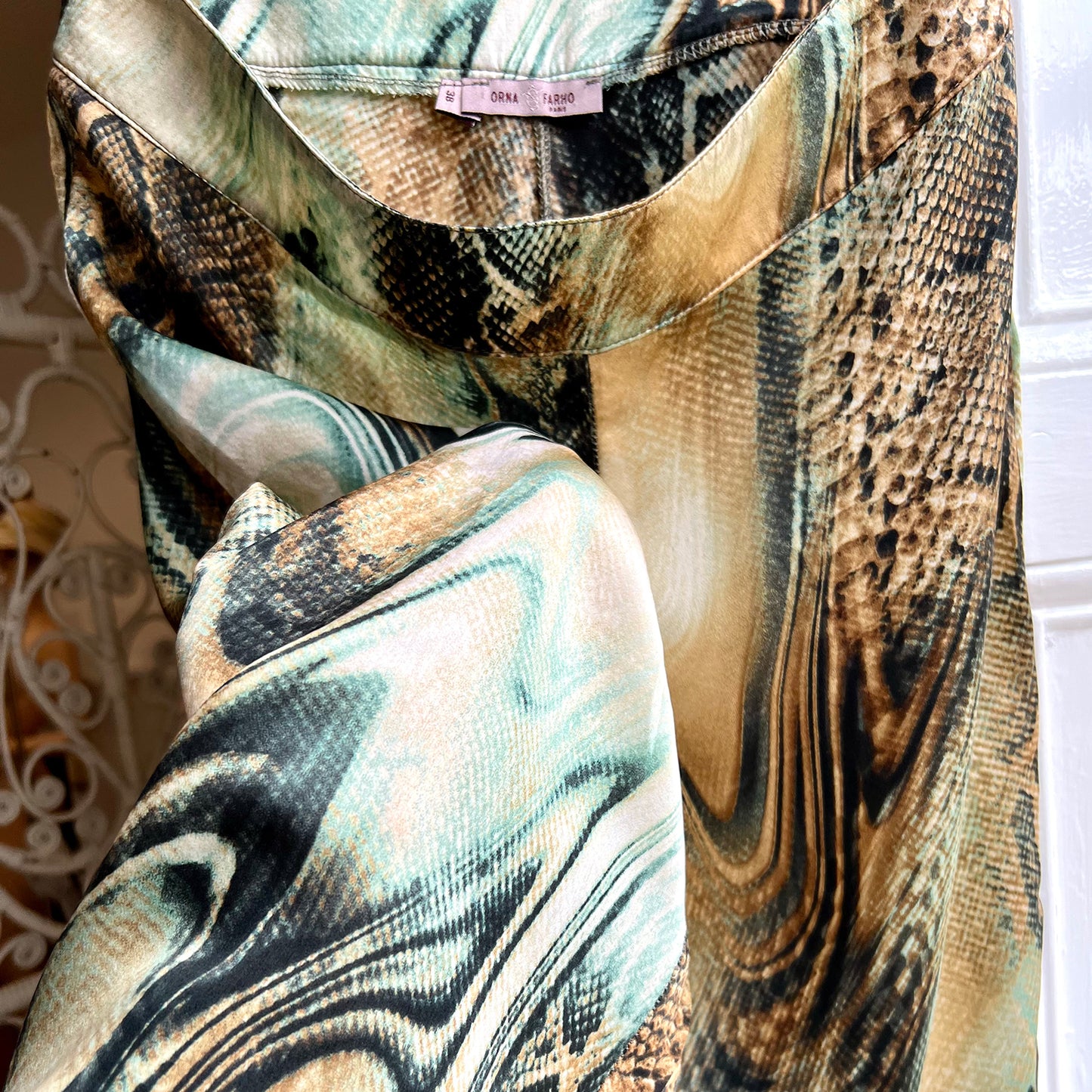 Orna Farho Paris silk snake print flares brand detail