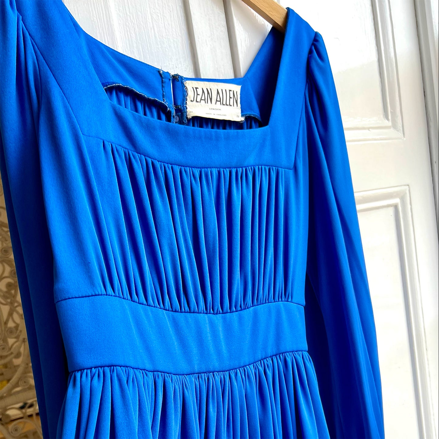 Jean Allen 70's bold blue maxi brand detail