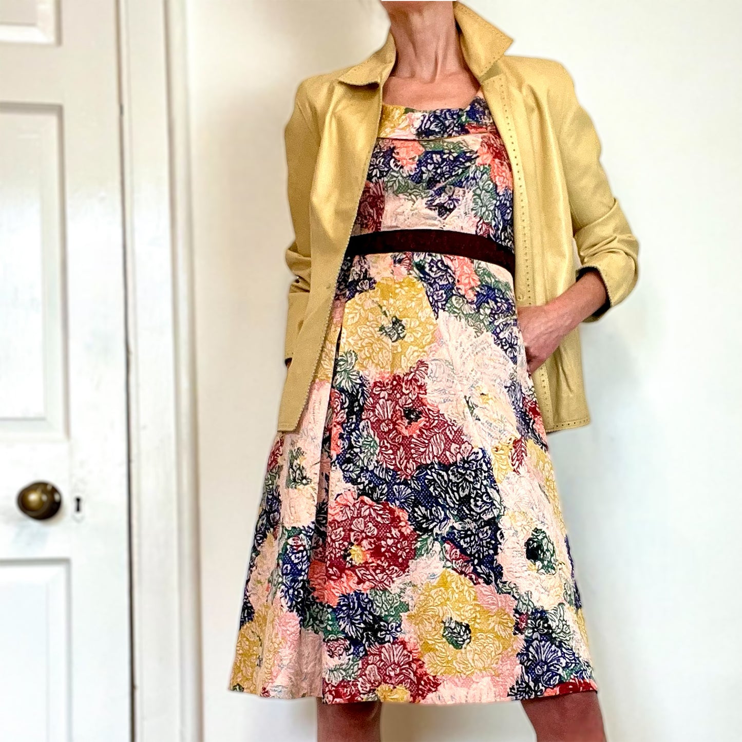 Cacharel fold-over neckline dress with suede jacket
