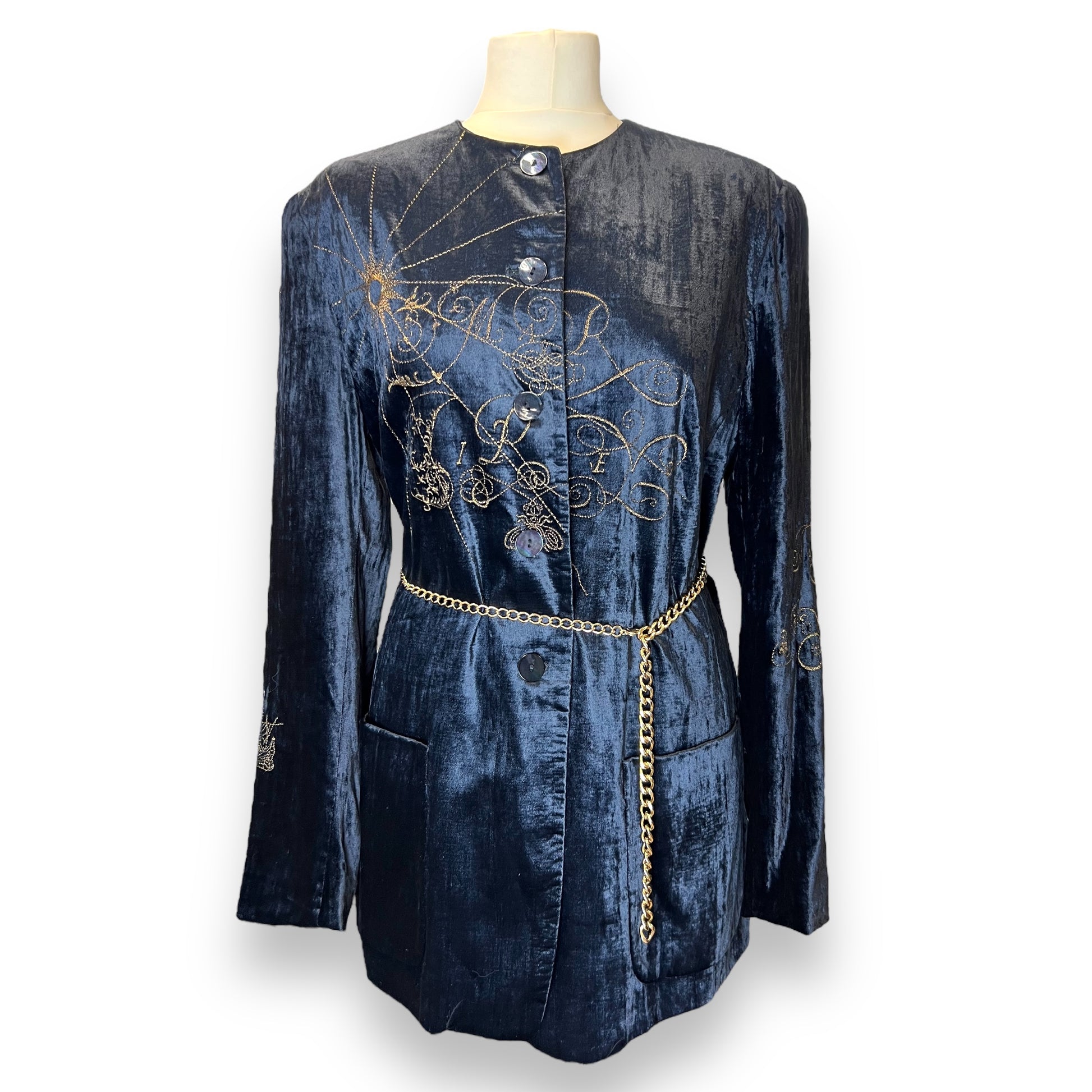 Mondi Blue Velvet and Gold Embroidered Jacket 1980