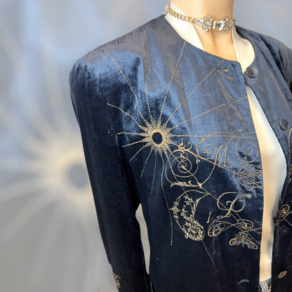 Mondi Blue Velvet and Gold Embroidered Jacket 1980