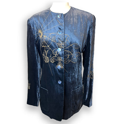 Mondi Blue Velvet and Gold Embroidered Jacket 1980