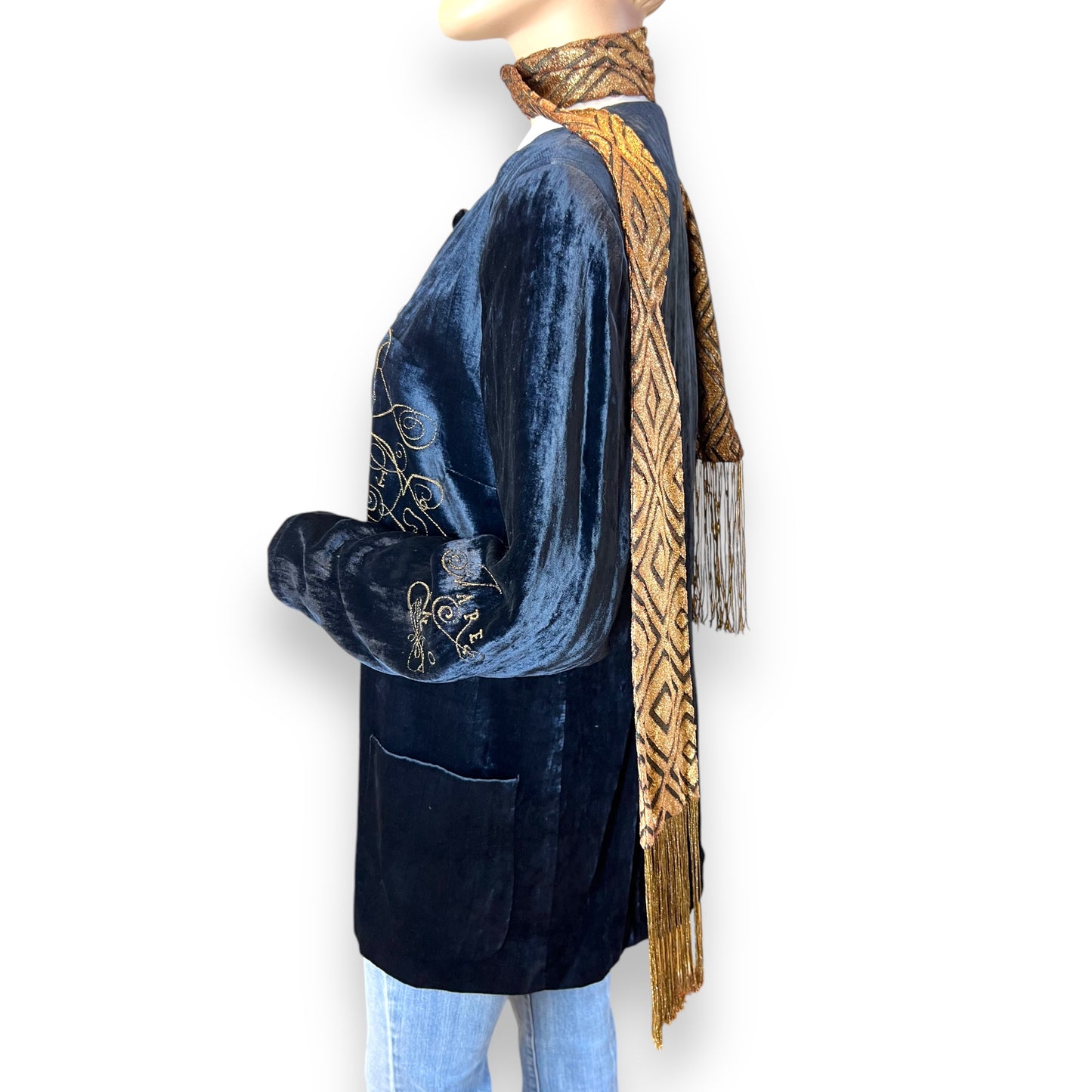 Mondi Blue Velvet and Gold Embroidered Jacket 1980