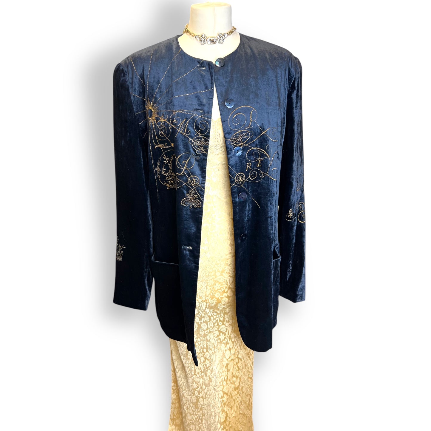 Mondi Blue Velvet and Gold Embroidered Jacket 1980