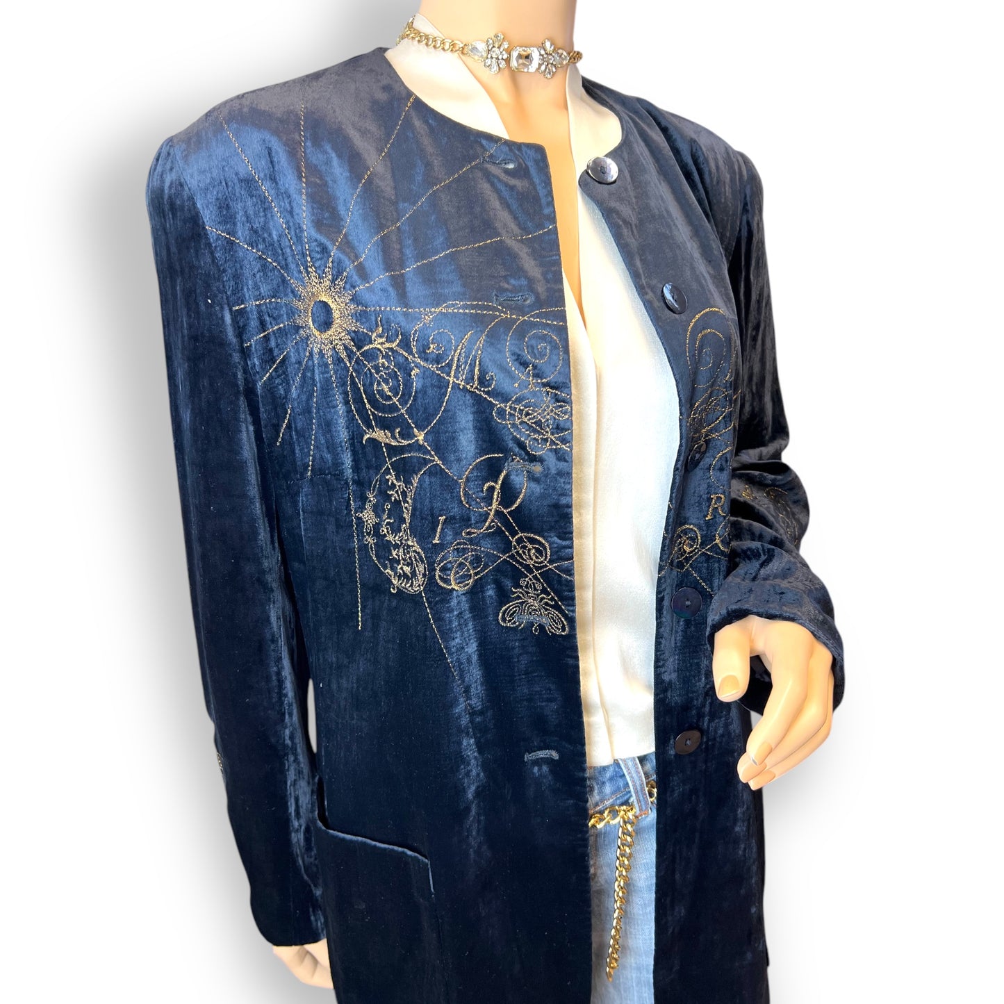 Mondi Blue Velvet and Gold Embroidered Jacket 1980