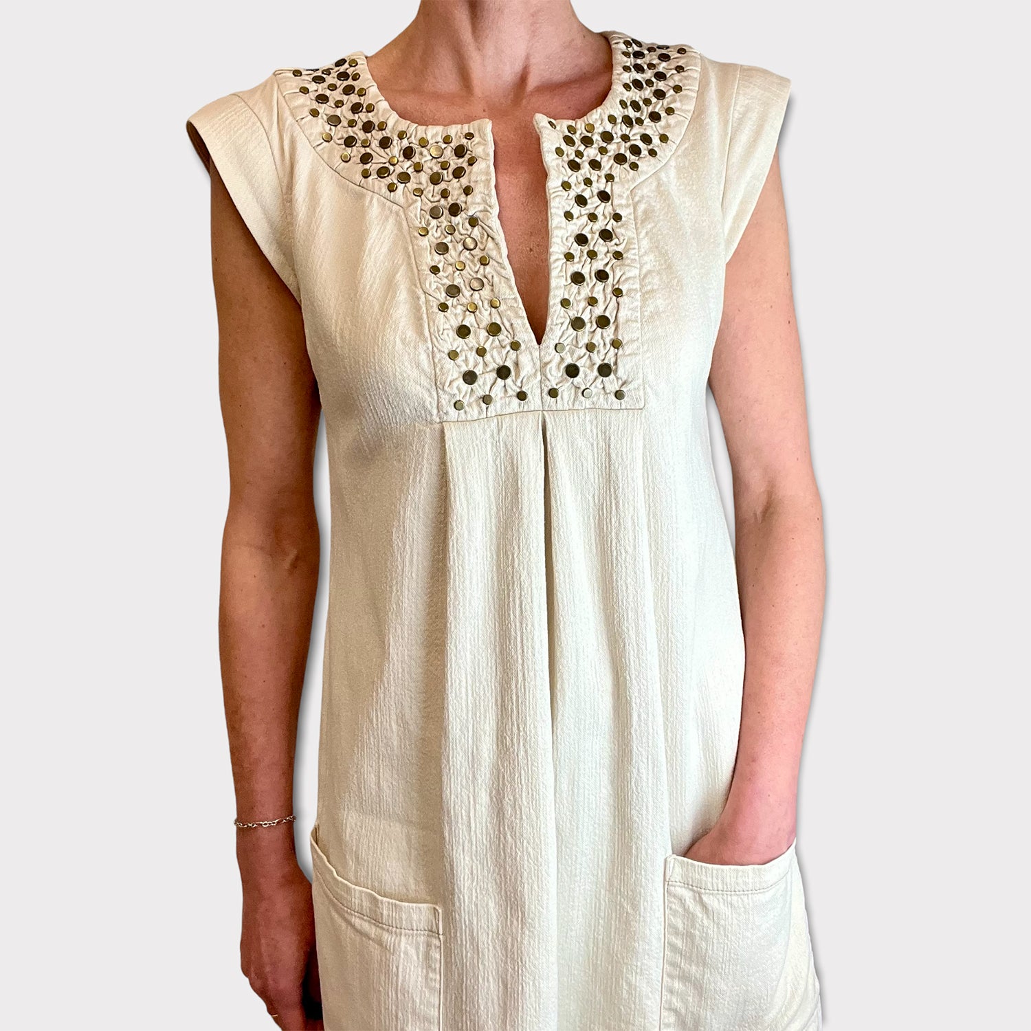 Diane Von Furstenberg studded linen dress close up front